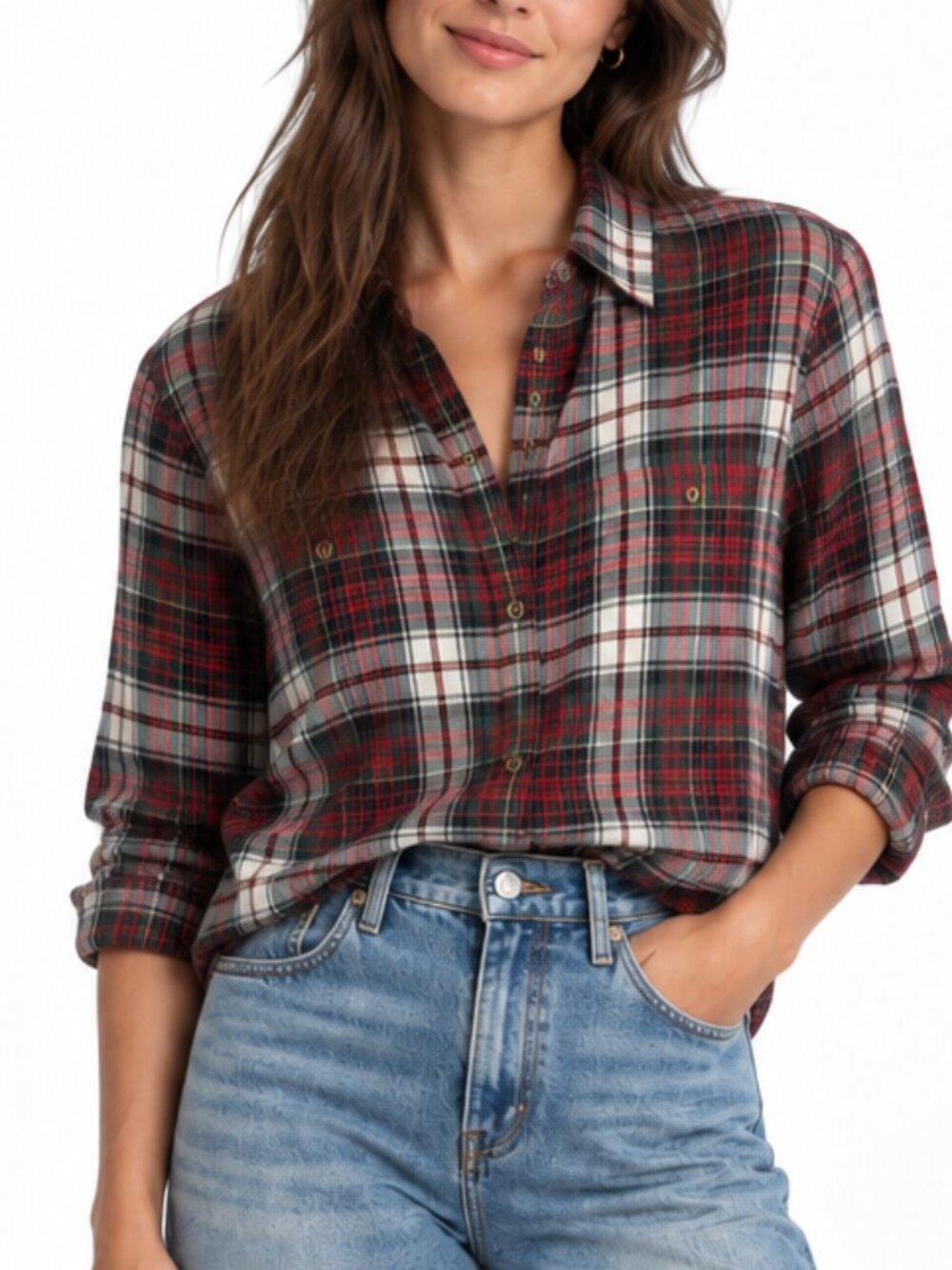 Chaps Tartan Plaid Button Down Shirt Red Green Holiday Women's Size L